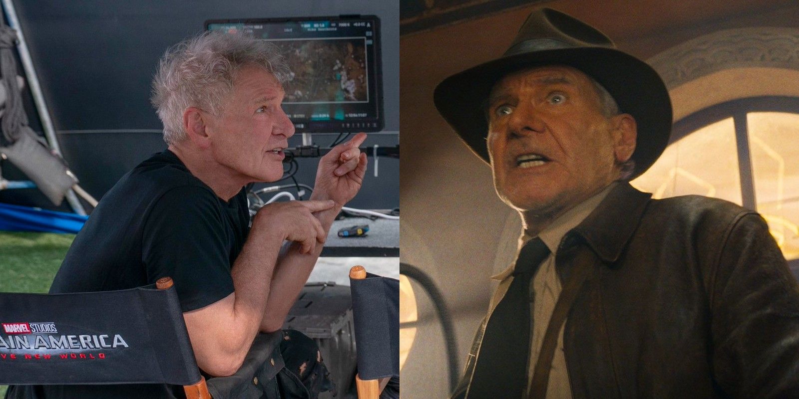 Harrison Ford como Thunderbolt Ross en el set de Capitán América: Un mundo feliz e Indiana Jones en Indiana Jones y el dial del destino